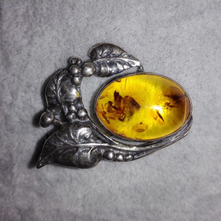 Broche Ancienne En Argent 925 Et Ambre - Modèle Z542 - Occasion - Sans Marque